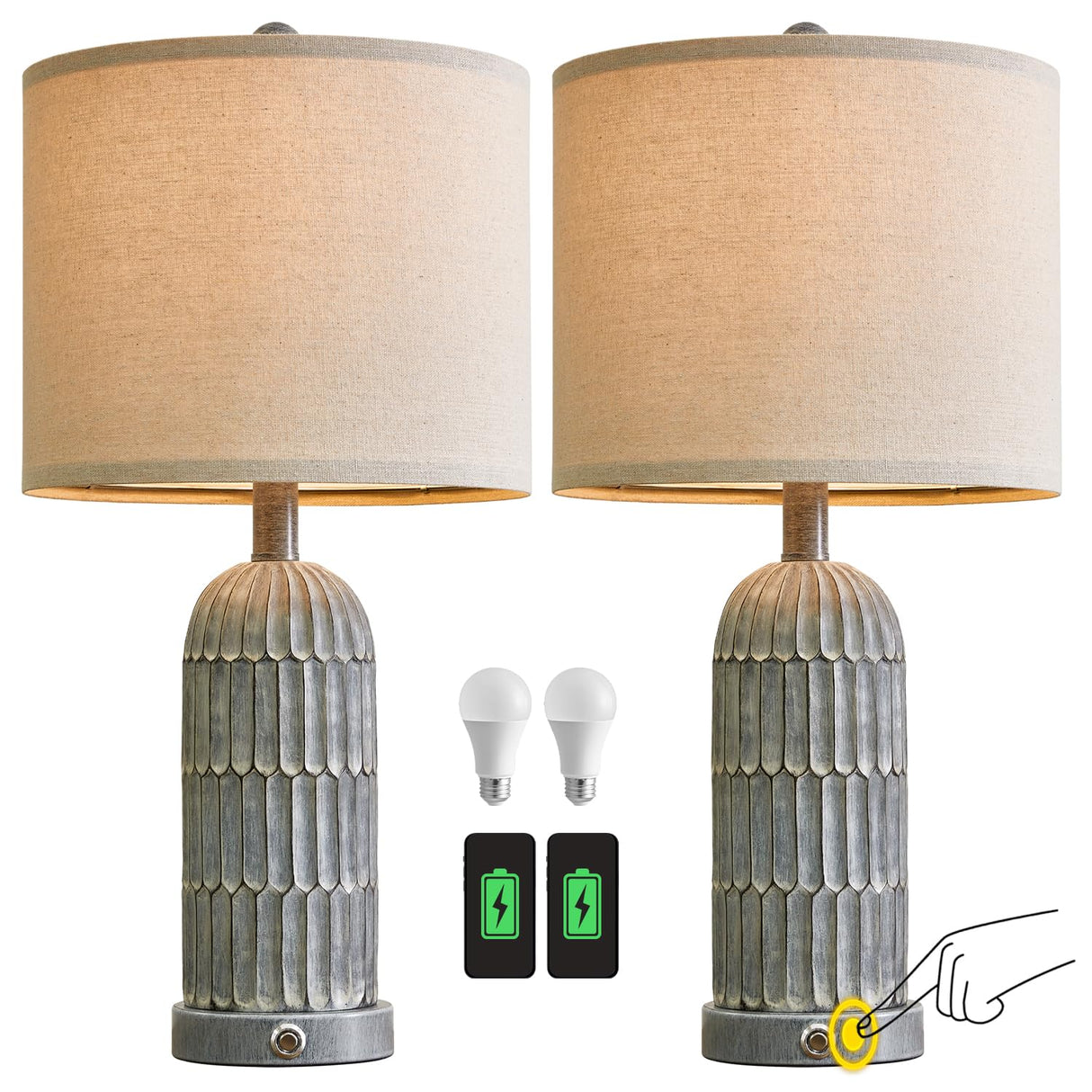 22.5” 3-Way Dimmable Touch Control Table Lamp Set of 2 with Dual USB Charging Ports