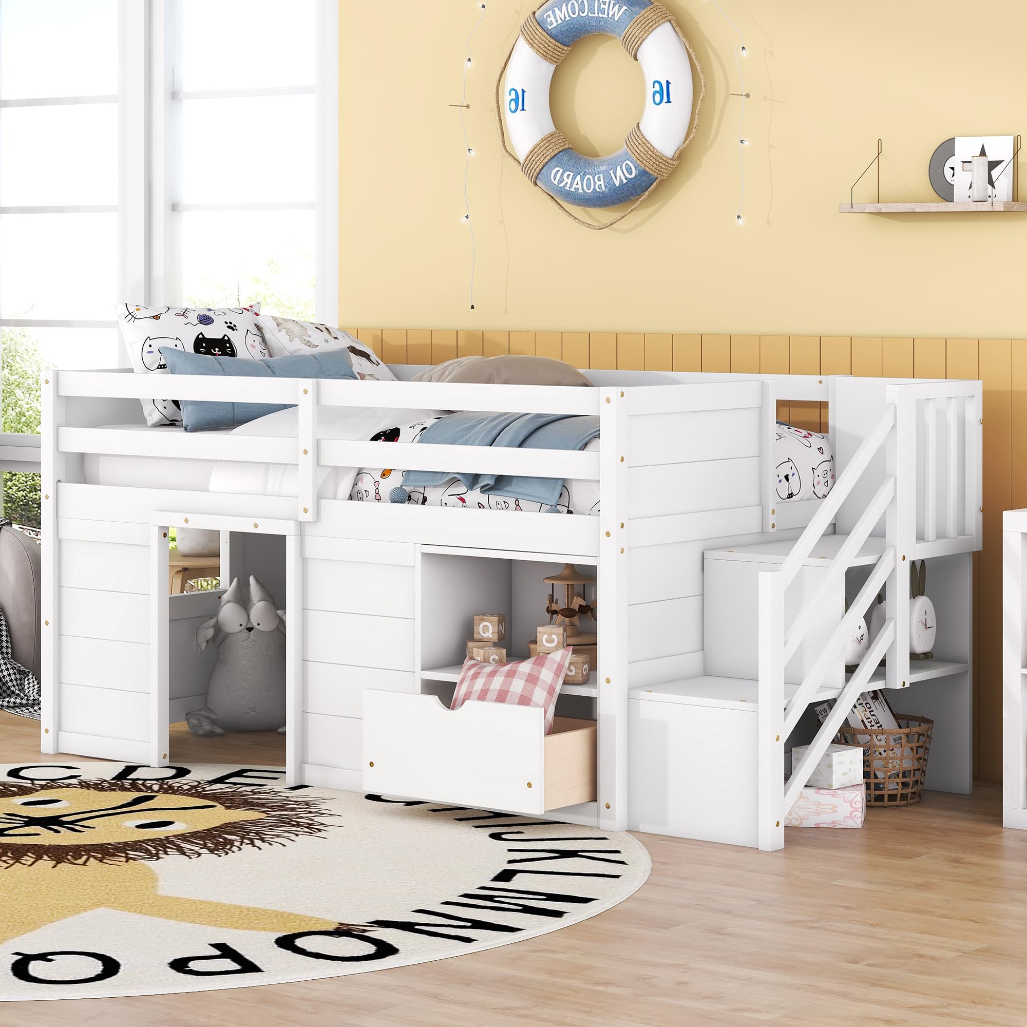 Twin Low Loft Bed with Stairs Storage, Drawer