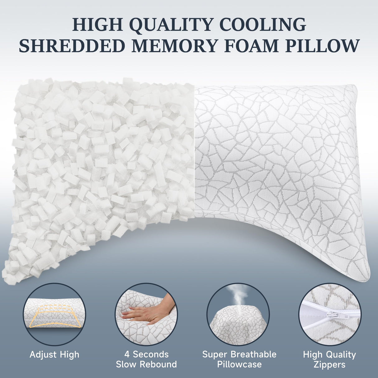 COZSINOOR Side Sleeper Pillows Queen Size Set of 2 for Sleeping - Crescent Adjustable Shredded Memory Foam Pillows 2 Pack, Cooling Bed Pillow for Back and Stomach Sleepers, Breathable Washable Cover