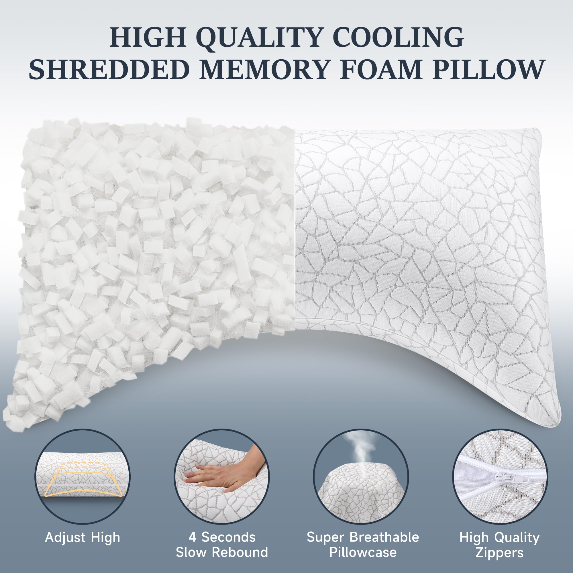 COZSINOOR Side Sleeper Pillows Queen Size Set of 2 for Sleeping - Crescent Adjustable Shredded Memory Foam Pillows 2 Pack, Cooling Bed Pillow for Back and Stomach Sleepers, Breathable Washable Cover