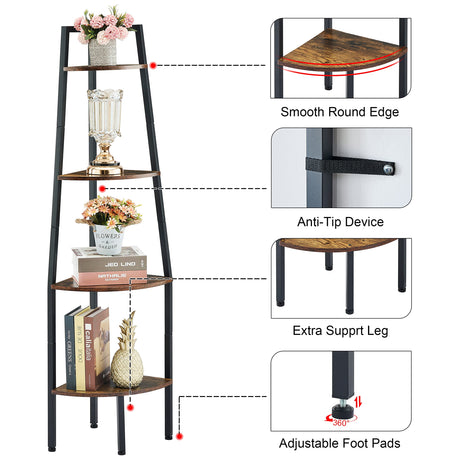 Corner Shelf, Industrial 4-Tier Corner Bookshelf, Rustic Corner Ladder Shelf