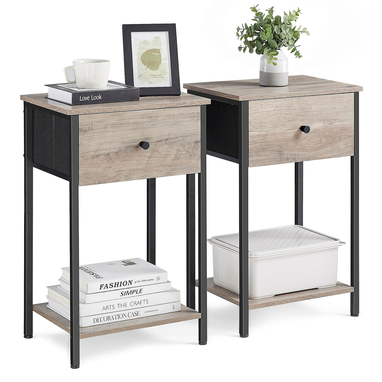 Nightstands, Set of 2, Side Table with Fabric Drawer, 24-Inch Tall End Table with Storage Shelf, Bedroom, Greige and Black ULGS221B02