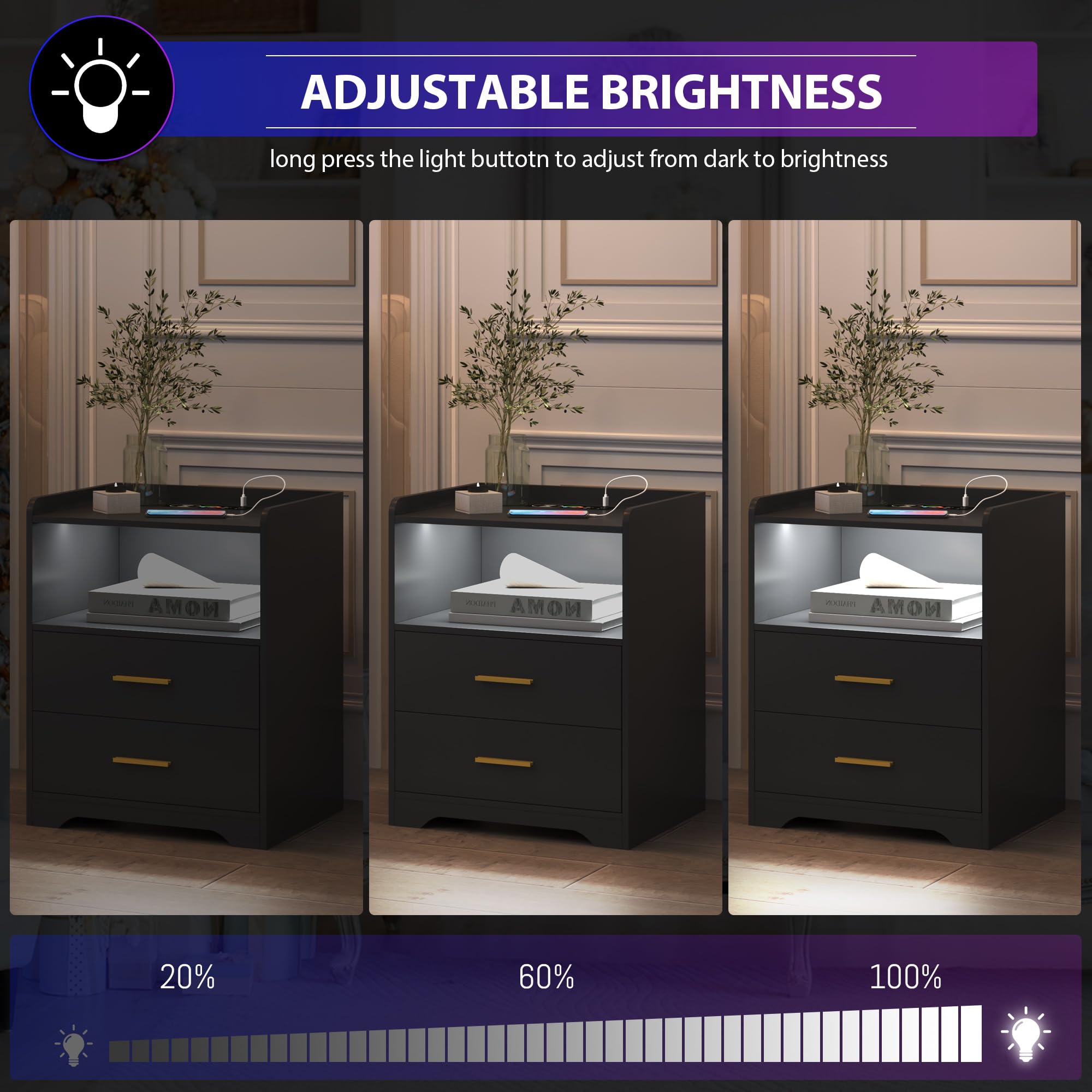 Black LED Nightstand with Charging Station, Night Stands with 24-color RGB LED Lights