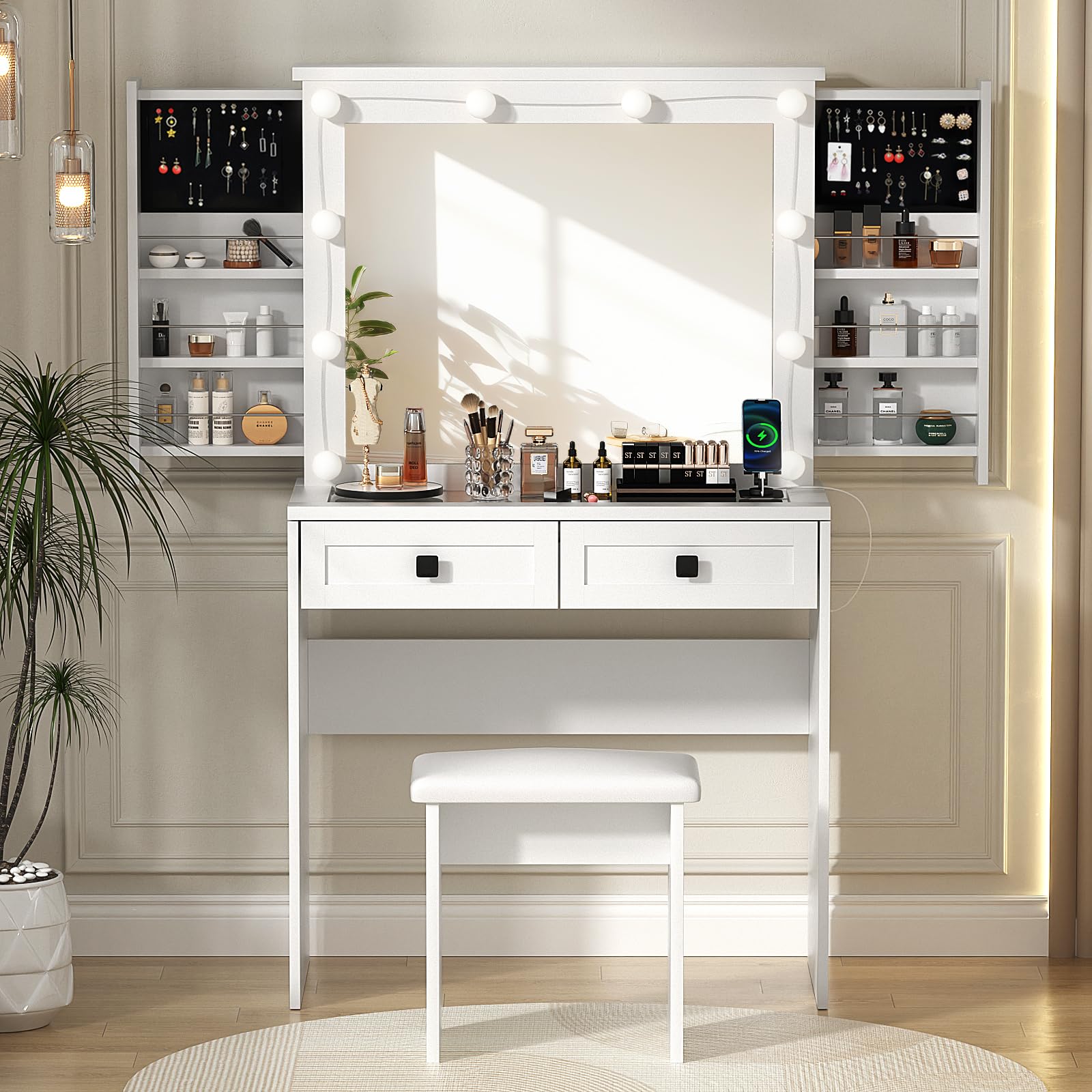 SMOOL Farmhouse Vanity with Lighted Mirror, Vanity Desk with Power Outlet & Power Outlet, 3 Color Lighting Modes Adjustable Brightness, Vanity Table for Women Girls, White