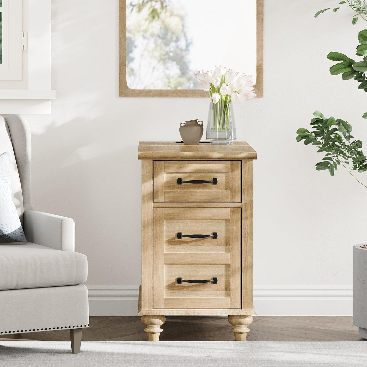 End Table with Charging Station, Wood Side Table with Drawer and Storage Cabinet