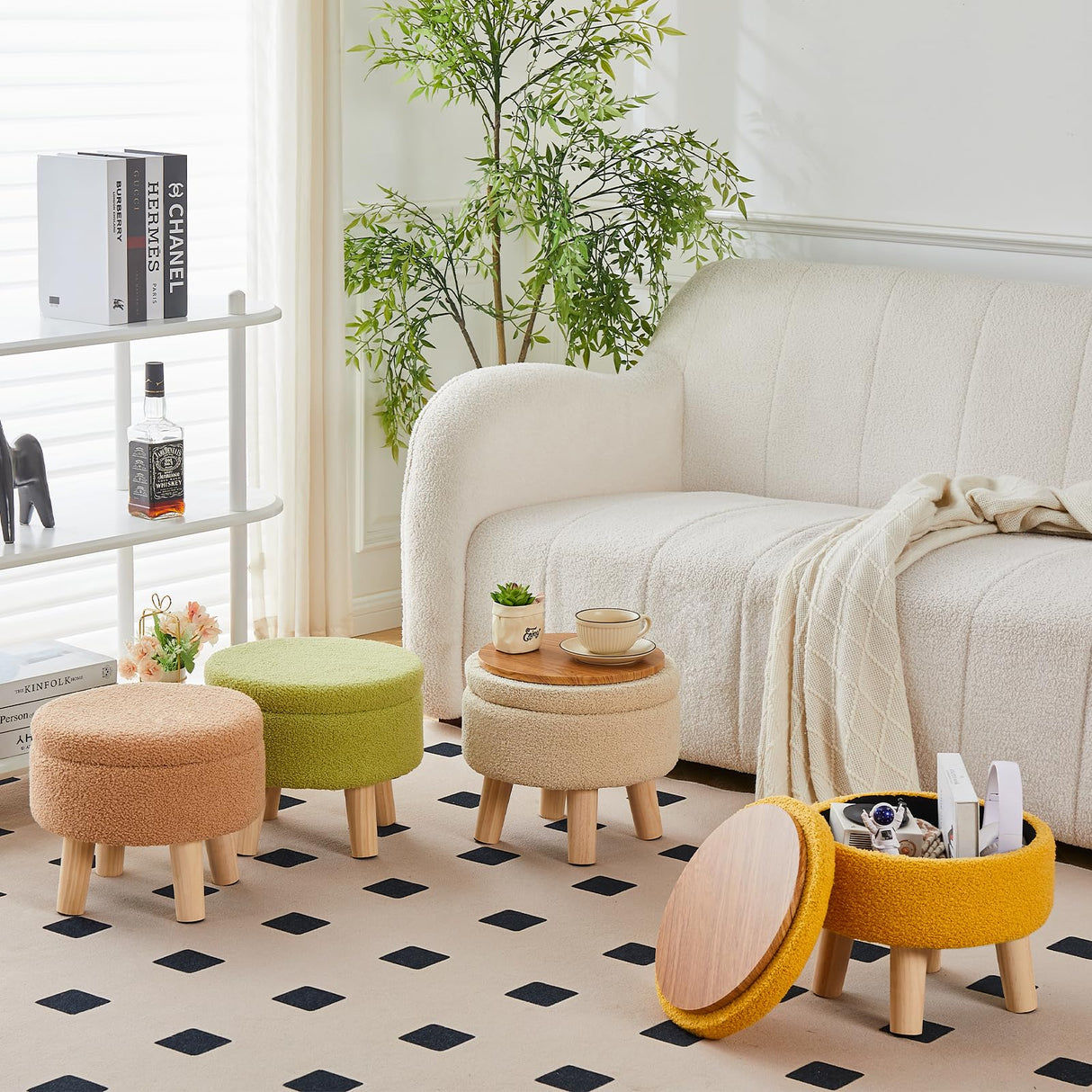 Storage Ottoman, Modern Round Footrest with Soft Padded Seat