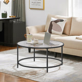 36" Round Glass Coffee Table, Black Circle Coffee Table Center Table with Glass Top,