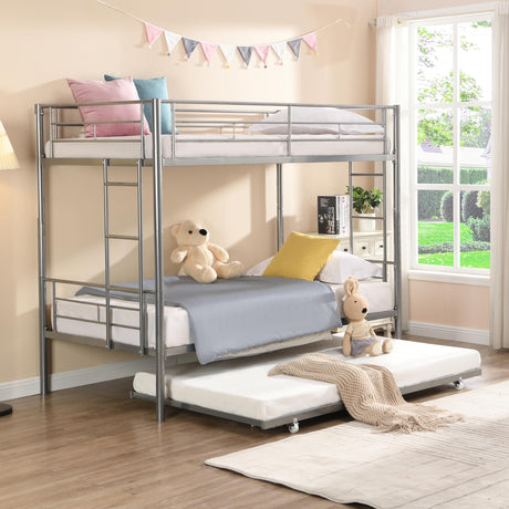 Twin Size Bunk Bed with Safety Guardrail, 2 Side Ladders, Trundle