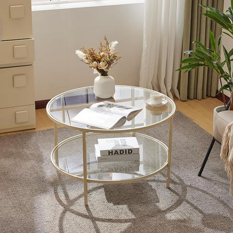 25.6" Round Gold Coffee Tables for Living Room, 2-Tier Glass Top Coffee Table