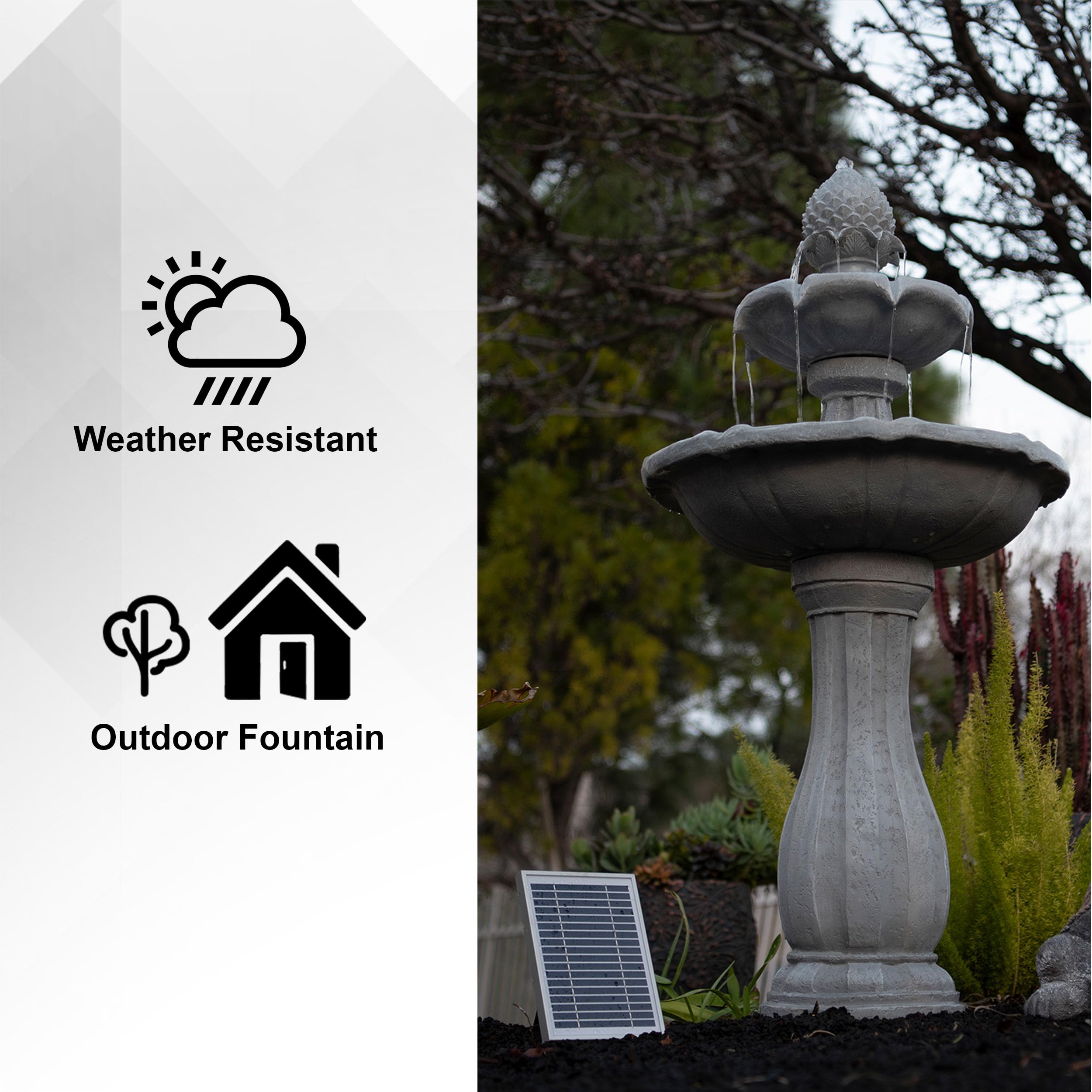 XBrand 44" Tall White Fiberglass/Resin 2-Tiered Solar Water Fountain w/Solar Panel and Auto-Shut Off Pump for Home Garden Yard Decor