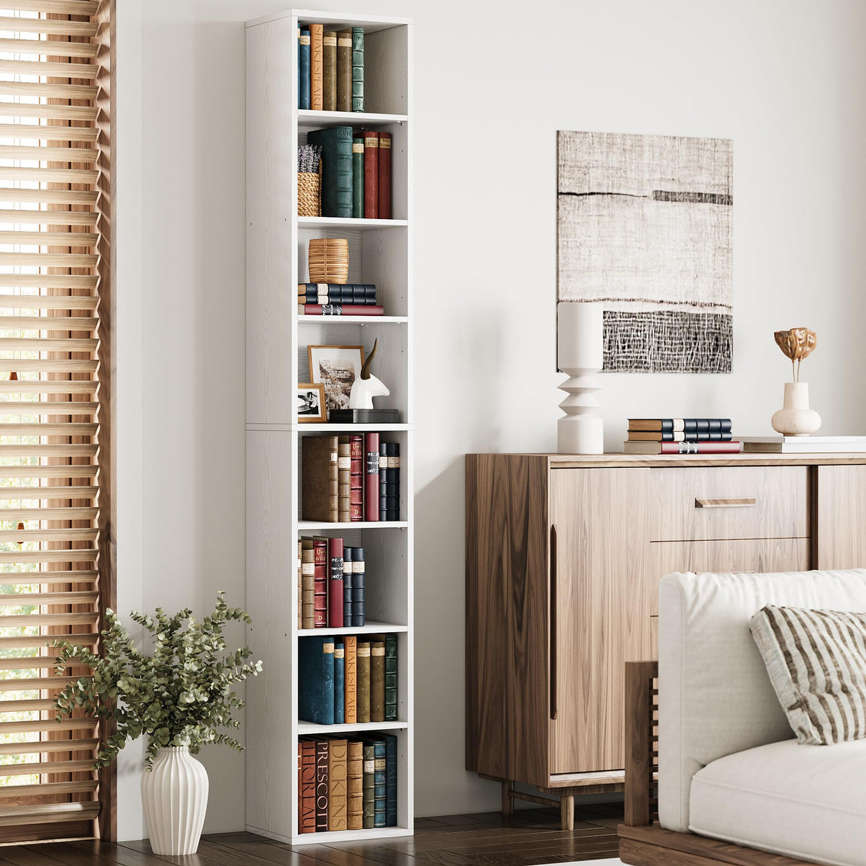 Tall Narrow Bookshelf 8 Tiers, Compact Corner Bookcase, Easy to Match for Living Room