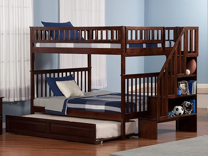 Woodland Staircase Bunk Bed Twin Over Twin with Twin Size Raised Panel Trundle and Attachable USB Charger