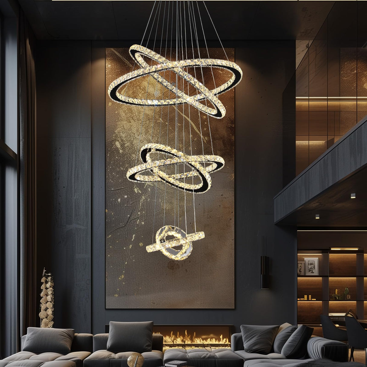 Modern Crystal Chandelier Lighting, 6 Ring Chandelier LED Ceiling Lights Fixtures