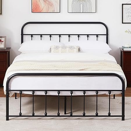 Metal Bed Frame Queen Size Platform with Vintage Style Headboard