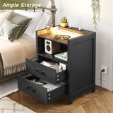 Nightstand with LED Lights and Charging Station, End Side Table with 2 Drawers and