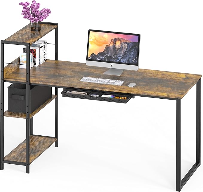 46-Inch Computer Desk with Adjustable Side Shelf and Drawer, 24" Deep, White