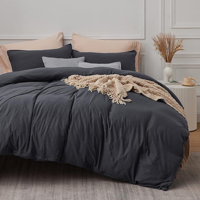 100% Jersey Knit Cotton Duvet Cover, Ultra Soft T-Shirt Cotton Comforter Cover King Size, Zipper Closure, 1 Duvet Cover 104x90 Inches and 2 Pillowcases (Dark Grey)