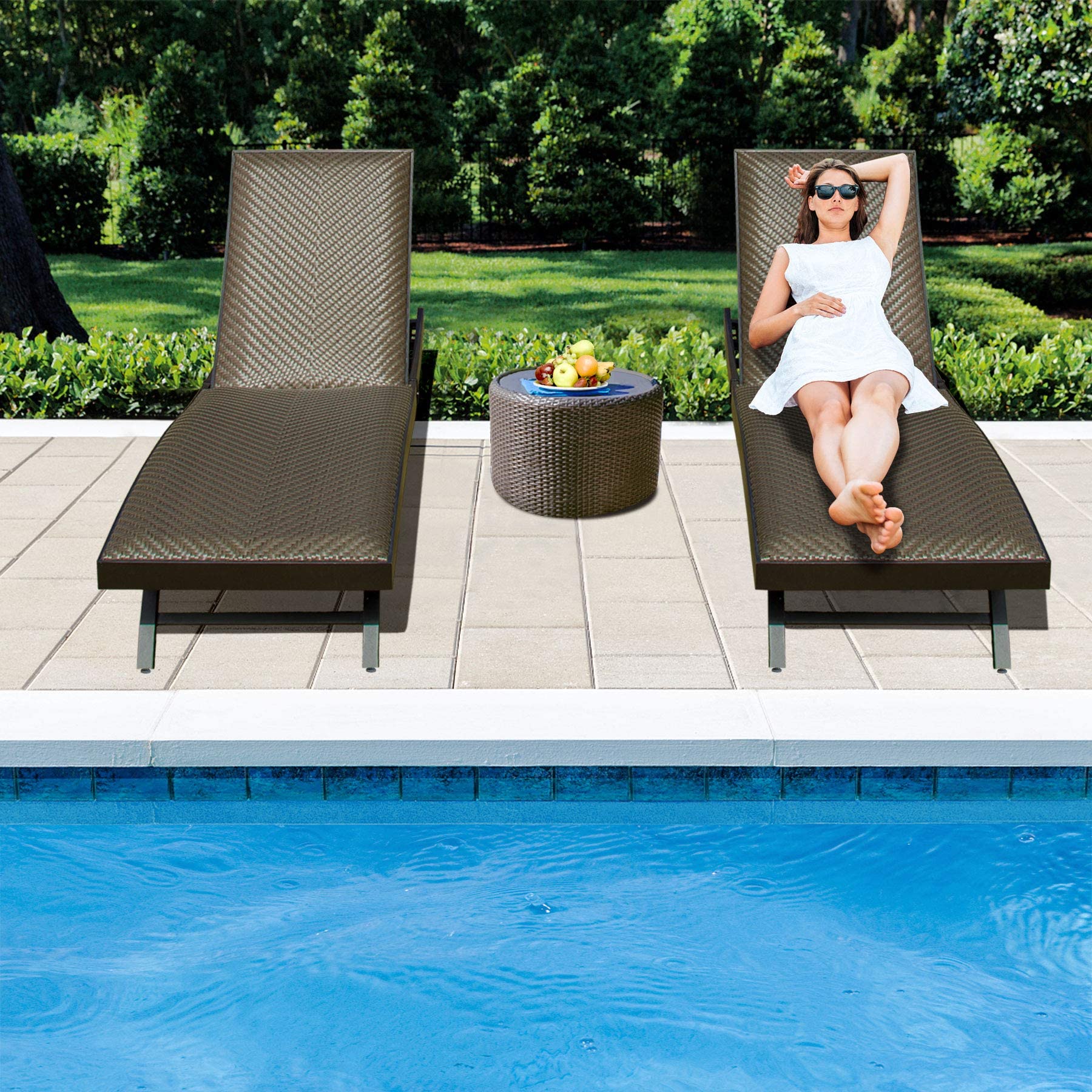 Outdoor PE Wicker Chaise Lounge - Set of 2 Patio Reclining Chair Furniture