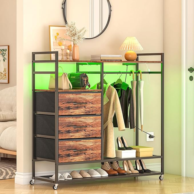 Entryway Accent Storage Cabinet with 3 Drawers and Coat Rack