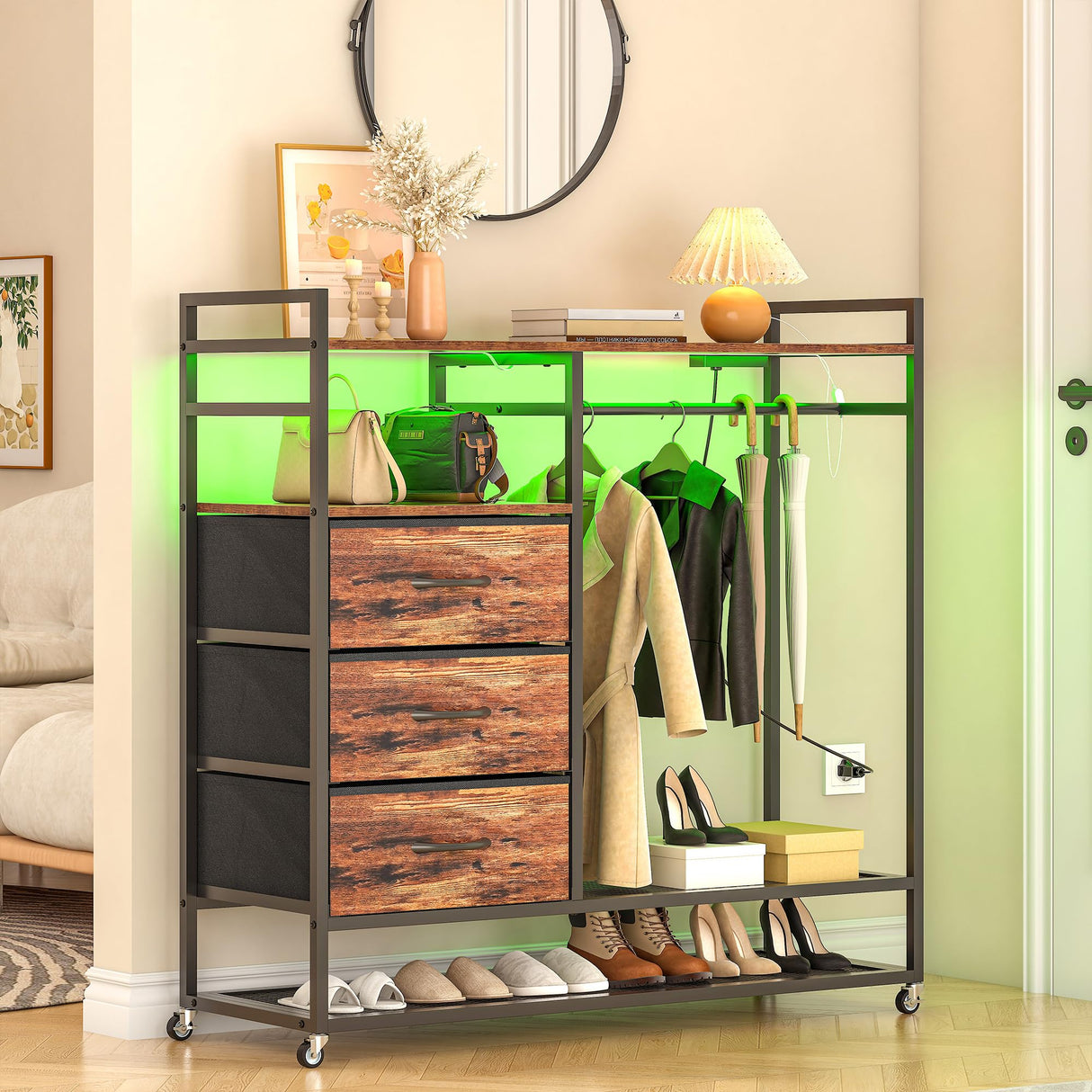 Entryway Accent Storage Cabinet with 3 Drawers and Coat Rack