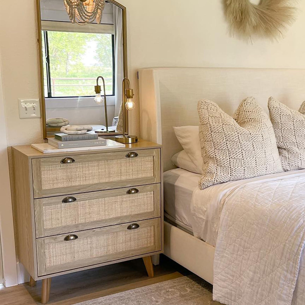 Rattan Nightstand Boho Cabinet Small Dresser