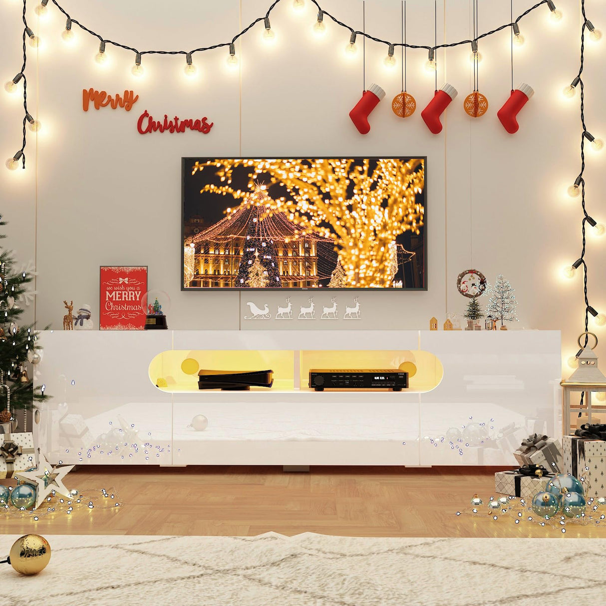 65IN LED TV Stand for 65/70/75inch TV,Modern White TV Stand for Living Room