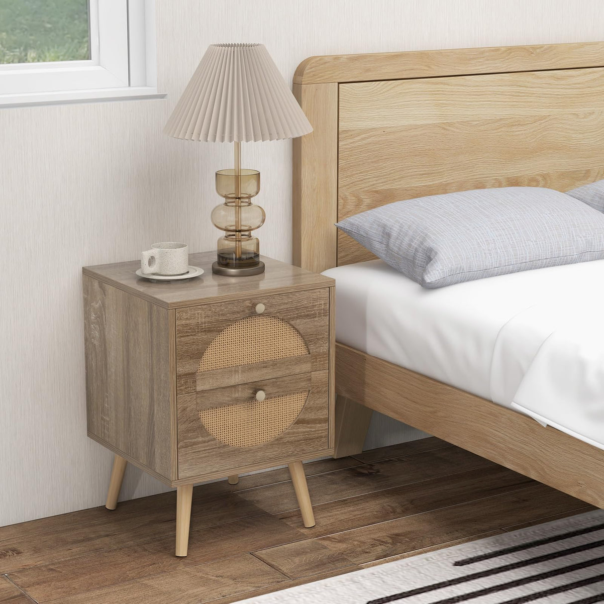 Rattan Nightstand Set of 2, Boho Bedside Tables with 2 Rattan Drawers, Accent End Tables with Pine Wood Legs