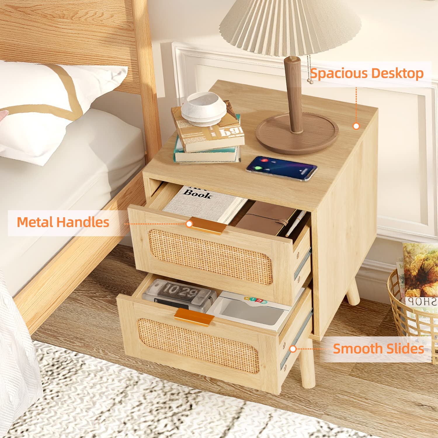 Set of 2 Nightstands Wooden Night Stands with Rattan Drawers Home Bedside End Table