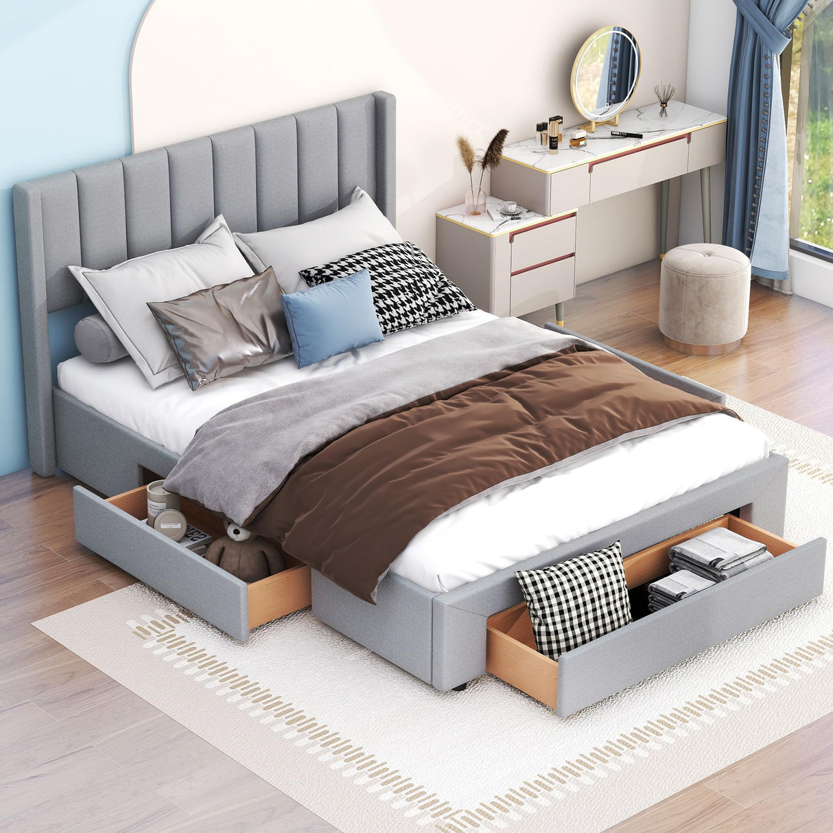 Queen Size Upholstered Platform Bed with One Large Storage Drawer in The Footboard
