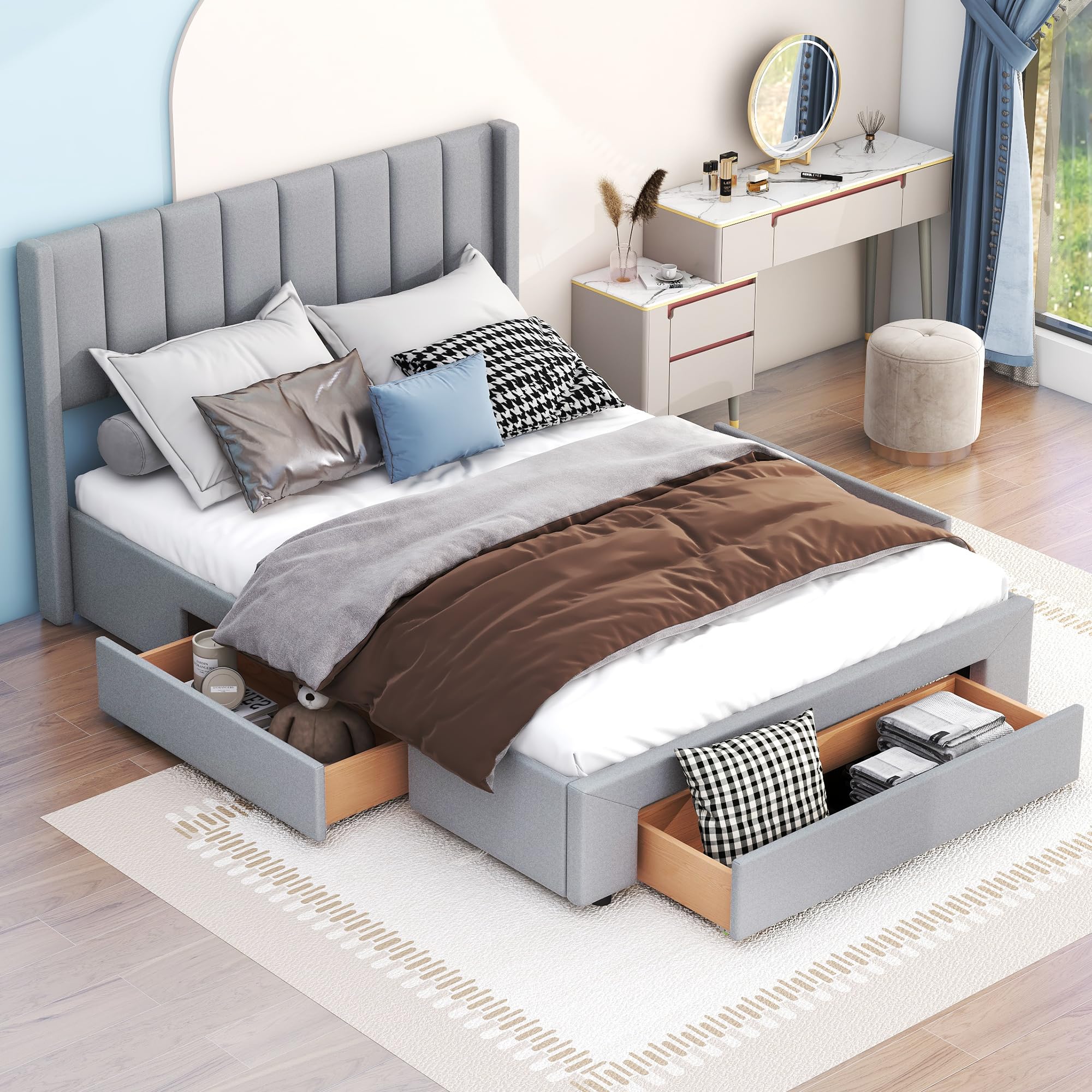 Queen Size Upholstered Platform Bed with One Large Storage Drawer in The Footboard