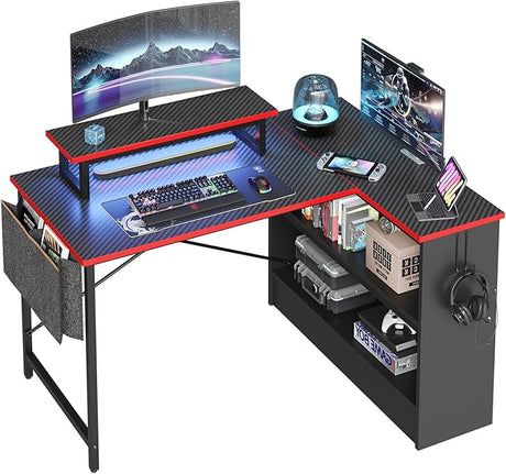 L Shaped Gaming Desk with LED Lights, 42 Inch Computer Desk with Monitor Stand & Open Storage Cabinet,Writing Study Corner Desk for Home Office Bedroom, White