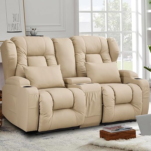 65" Loveseat Recliner RV Sofa - Double Manual Recliner Sofa with Console Litchi leather