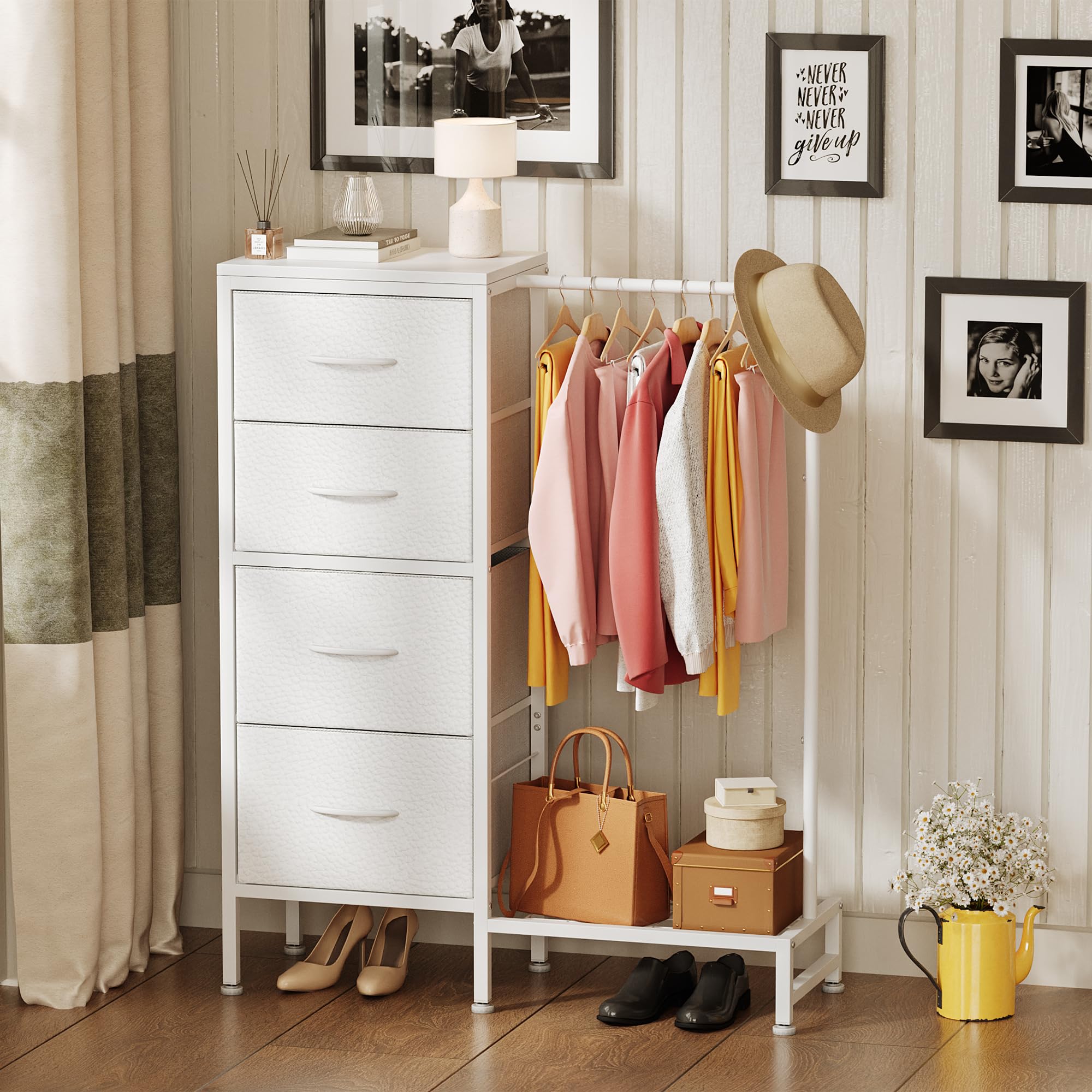 Hanging Rack, 4 Drawers Small Dresser for Bedroom, Reversable Fabric Kids Dresser