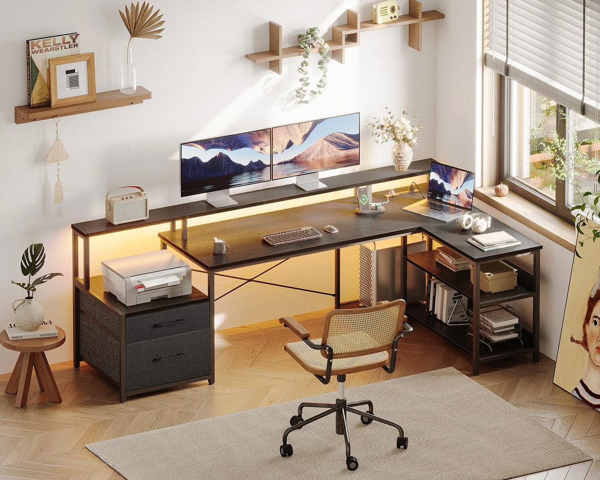 OD L Shaped Desk with File Drawer, 75" Reversible L Shaped Computer Desk