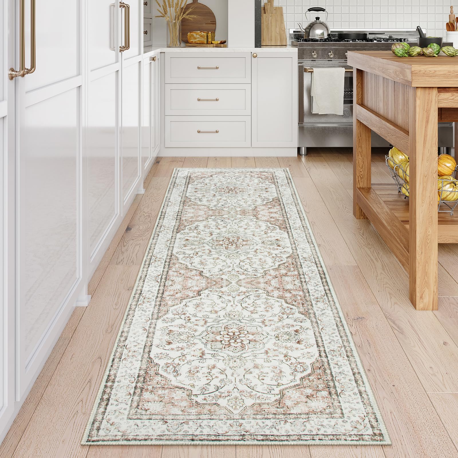 Lahome Boho Runner Rug,2.5x8 Non-Slip Hallway Carpet Runner with Rubber Backing,Terracotta Kitchen Runner Rugs Non Skid Washable,Oriental Vintage Thin Runner for Entryway Bathroom,(8ft,Terracotta)