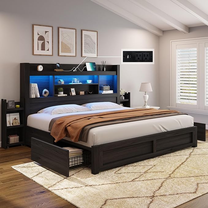 Queen Bed Frame with 4 Storage Drawer, LED Bed Frame with 49.6" Tall Bookcase