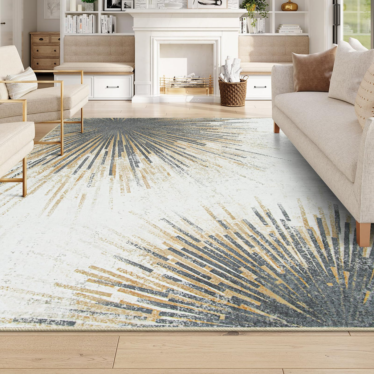 Lahome Modern Washable Area Rugs 8x10 - Ultra-Thin Non-Slip Soft Living Room Rug Bedroom Rugs Throw Large Rug for Dining Room Table, Abstract Print Floor Carpet Rug for Office (Gold/Gray, 8'x10')