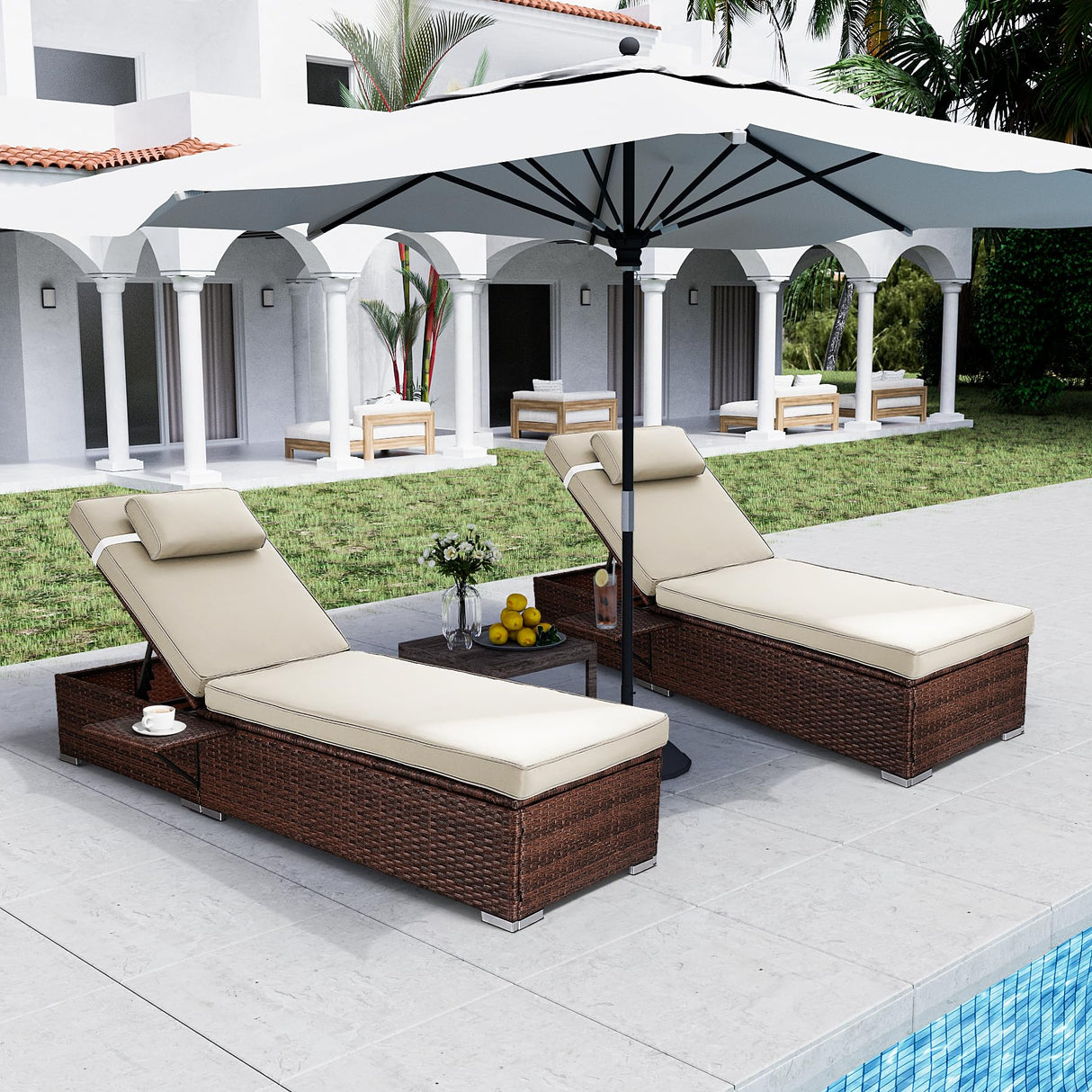 Outdoor PE Wicker Patio Lounge Chairs Set of 2, Outside Rattan Pool Lounge Chair