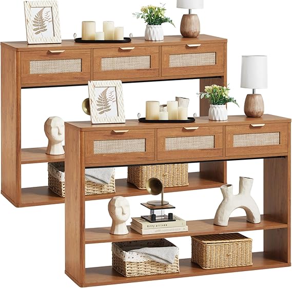 48" Boho Rattan Console Table with 3 Drawers