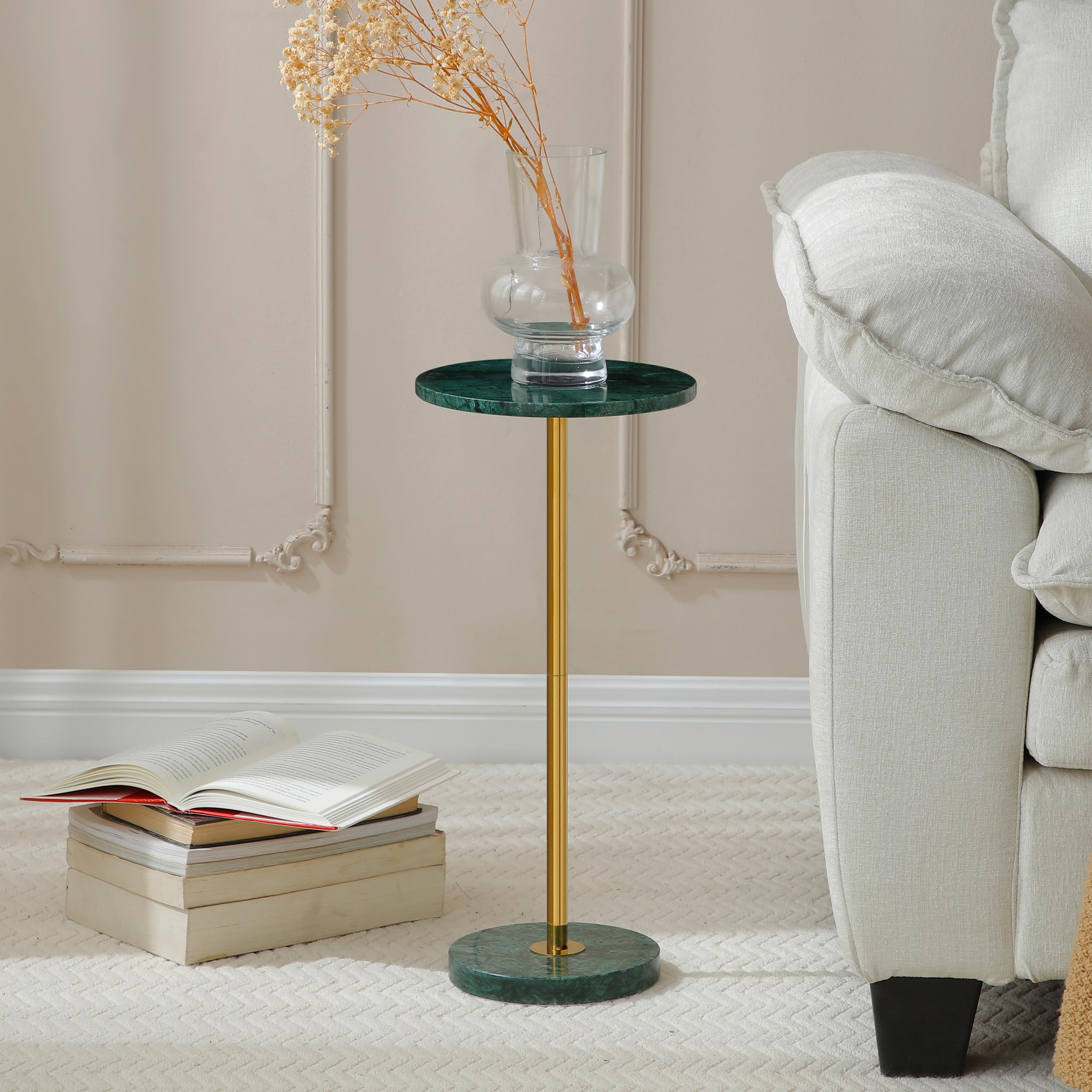 9.8-inch Marble Round Drink Table, Stone Finish Top Pedestal End Table for Living Room