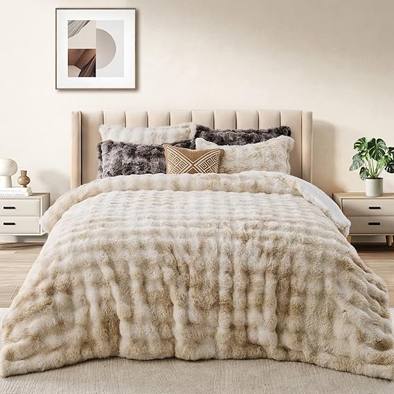 Faux Rabbit Fur Comforter Set Queen - Tie-Dye Brown