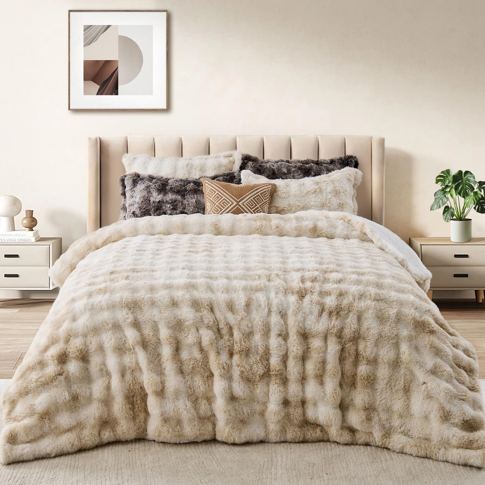 Faux Rabbit Fur Comforter Set Queen - Tie-Dye Brown