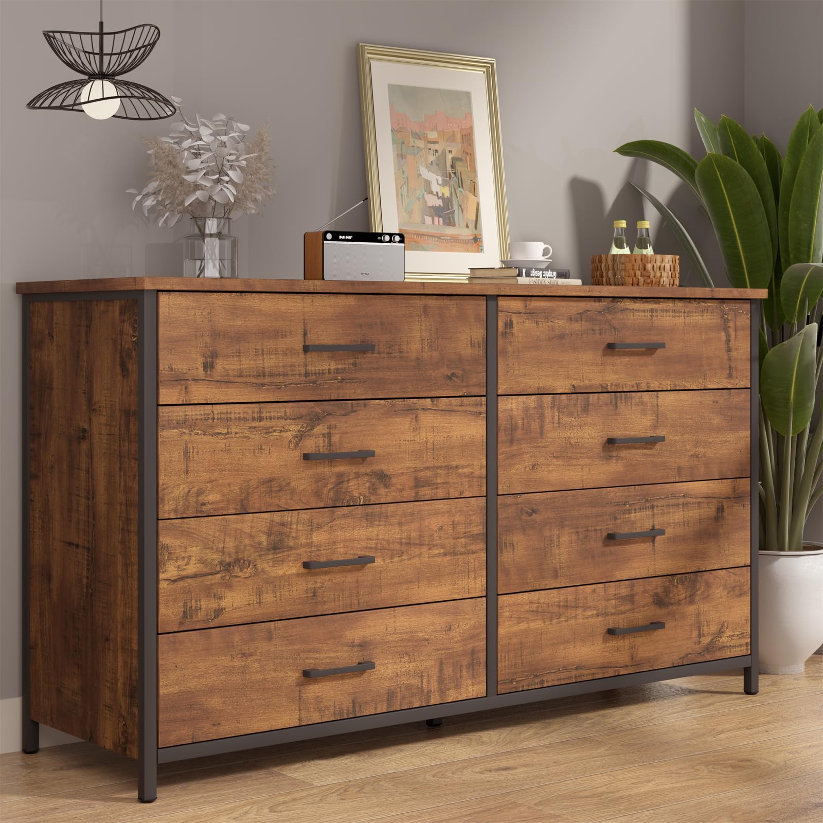 8 Drawer Double Dresser, 55 inch Industrial Wood Storage Dressers & Chests of Drawers