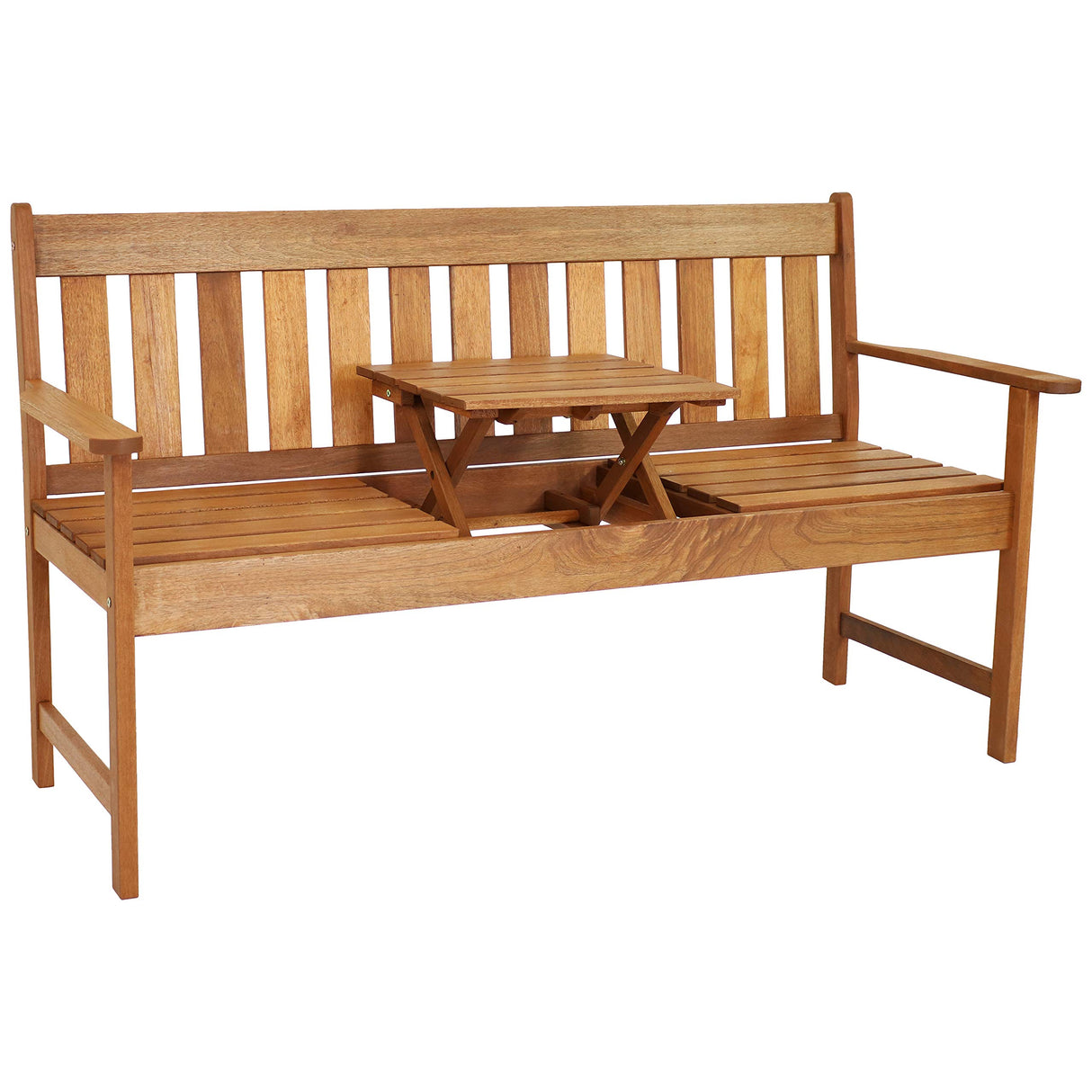 Meranti Wood Outdoor Patio Bench with Built-In Pop-Up Table - Teak Oil Finish - 60-Inch