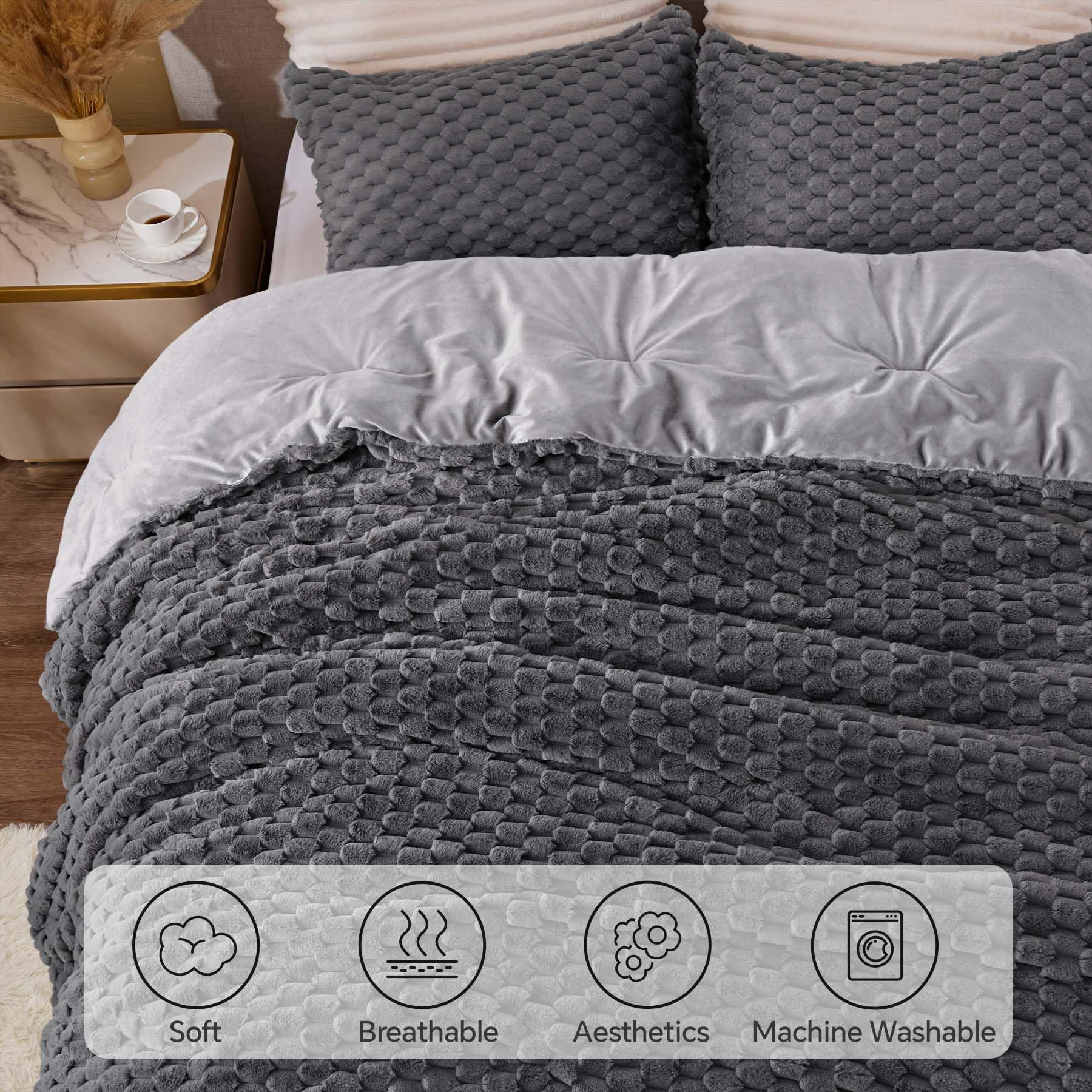 BEDELITE Fluffy Queen Comforter Set - Grey Fleece Soft Comforter for Queen Size Bed, Luxury Warm Bedding Set for Winter, Fuzzy Bed Set 3 Pieces (1 Comforter, 2 Pillowcases)