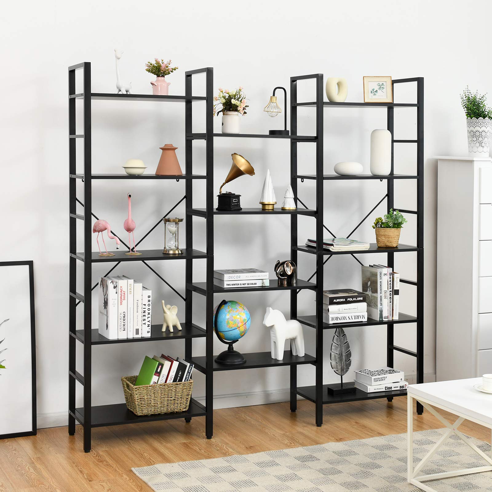 Triple Wide 5-Tier Bookcase, Large Open Bookshelf, Display & Storage Shelf, Vintage Industrial Style Shelves with Metal Frame, Bookcase Furniture for Living Room, Study, Office (Black)