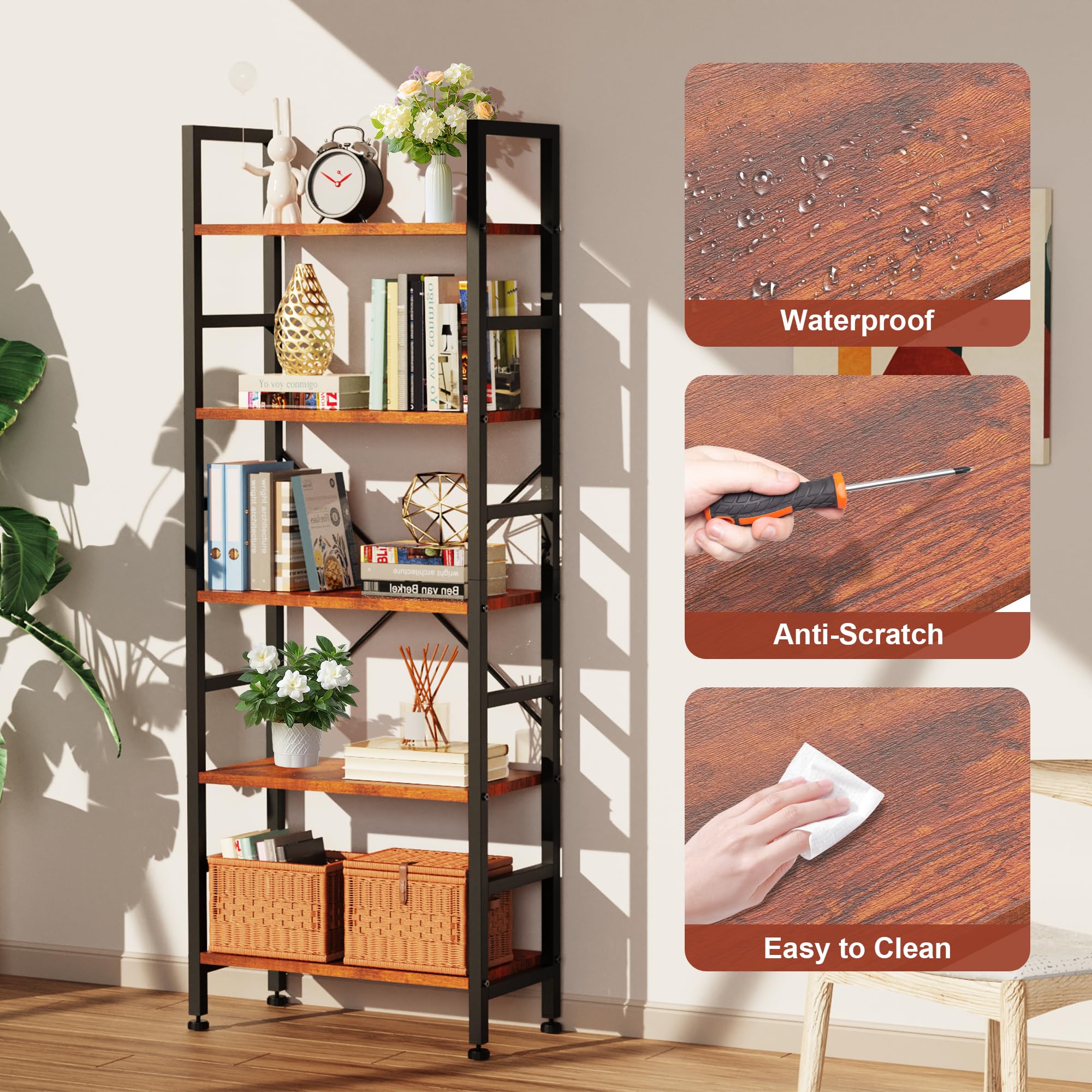 Simple Deluxe Book Shelf, 5 Tier Bookcase, Tall Bookshelf Display Storage Shelf for Books, Movies, Cd, Industrial Corner Book Case Modern Organizer for Bedroom Kitchen Office Living Room Rust Brown