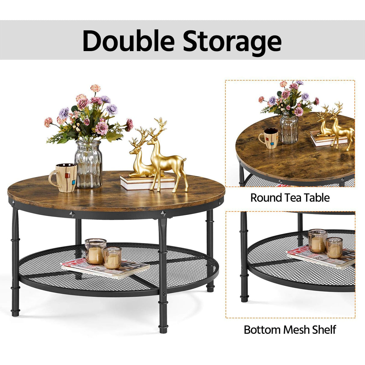 3-Piece Rustic Coffee Table and Side Table Set, Set of 3 Sturdy & Durable