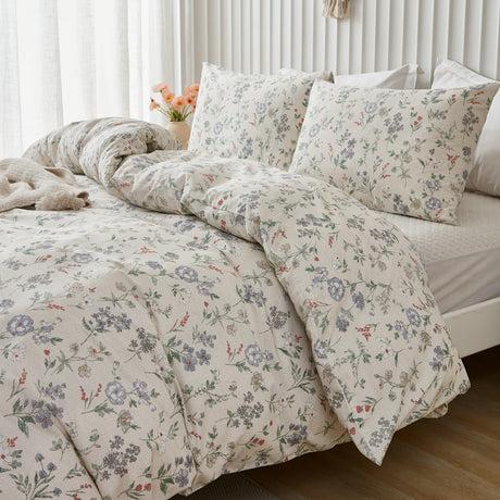 Floral Comforter Set King Size Green Floral Bedding Set 3 Pieces 100% Cotton Farmhouse Botanical Bedding Breathable Soft Reversible Comforter for All Seasons