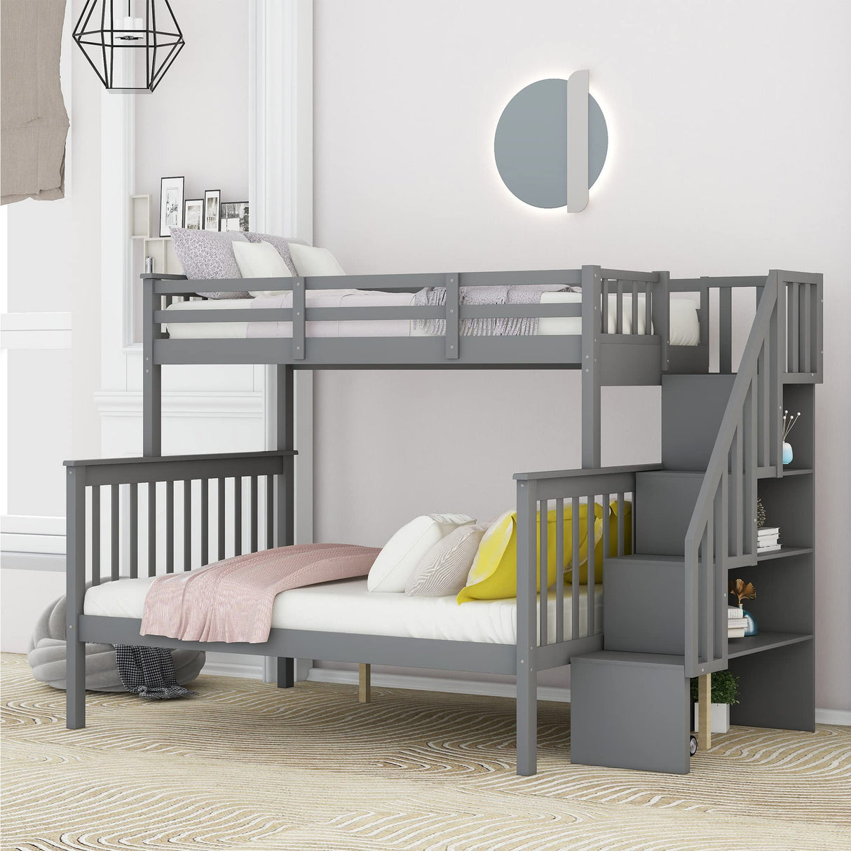 Bunk Bed with Staircase, Twin Over Full Bunk Bed with Storage, Bunk Bed Frames with Stairs, Convertible Bunk Beds for Teens, Kids(Grey)